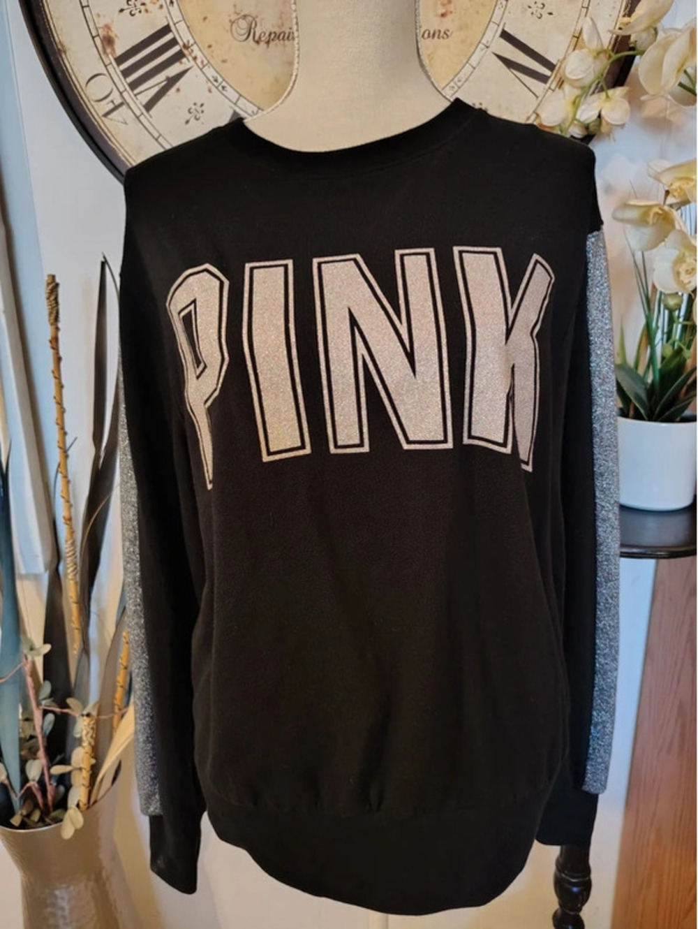 PINK by Victoria's Secret Black Glitter Sweatshirt Size Small